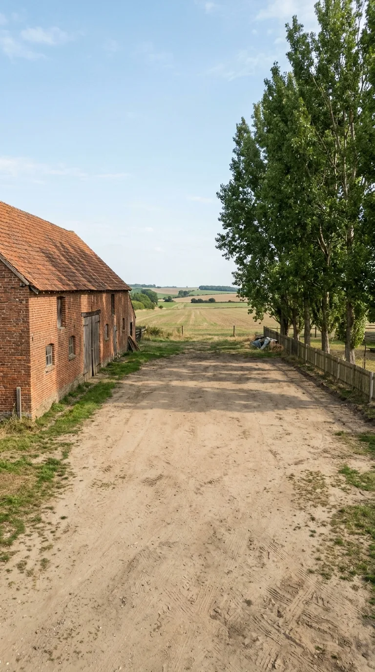 Immagine statica verticale 9:16 per YouTube Shorts di un timelapse di costruzione, resa fotografica naturale. Camera fissa all’altezza di circa 1,8 metri, angolata leggermente dall’alto verso il centro del cortile sterrato di una cascina di pianura. A sinistra il fienile in laterizio rosso a due piani con tetto in tegole, a destra un filare di pioppi verdi, sfondo di campi aperti. Terreno centrale in terra battuta chiara con erba rada ai bordi, cielo sereno azzurro chiaro, luce diurna naturale da sinistra con ombre morbide. L’area centrale resta libera e pianeggiante, senza costruzioni, materiali o segni di cantiere.