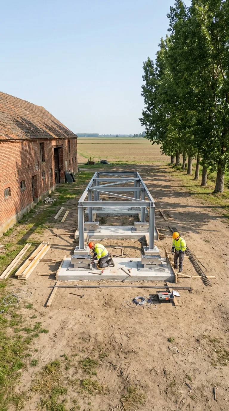 Immagine statica verticale 9:16 per YouTube Shorts di un timelapse di costruzione, resa fotografica naturale. Camera fissa all’altezza di circa 1,8 metri, angolata leggermente dall’alto verso il centro del cortile sterrato di una cascina di pianura. A sinistra il fienile in laterizio rosso a due piani con tetto in tegole, a destra un filare di pioppi verdi, sfondo di campi aperti. Terreno centrale in terra battuta chiara con erba rada ai bordi, cielo sereno azzurro chiaro, luce diurna naturale da sinistra con ombre morbide. Al centro sono visibili le fondazioni in calcestruzzo armato gettate, con quattro celle di carico in acciaio parzialmente installate e la struttura di supporto della piattaforma ancora incompleta, senza il piano di carico e senza le rampe. Due operai con caschi e giubbotti ad alta visibilità lavorano vicino alle fondazioni, con casseforme e barre di armatura a terra.