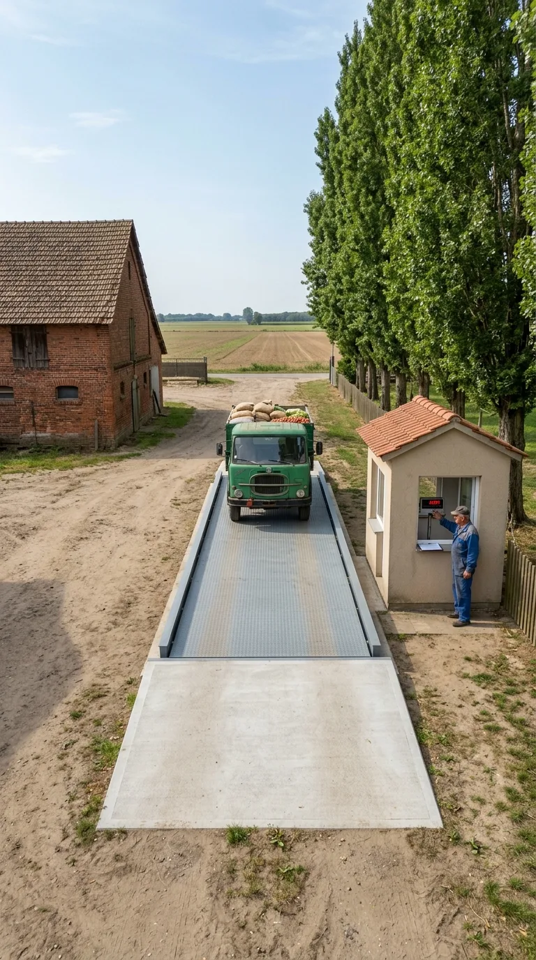 Immagine statica verticale 9:16 per YouTube Shorts di un timelapse di costruzione, resa fotografica naturale. Camera fissa all’altezza di circa 1,8 metri, angolata leggermente dall’alto verso il centro del cortile sterrato di una cascina di pianura. A sinistra il fienile in laterizio rosso a due piani con tetto in tegole, a destra un filare di pioppi verdi, sfondo di campi aperti. Terreno centrale in terra battuta chiara con erba rada ai bordi, cielo sereno azzurro chiaro, luce diurna naturale da sinistra con ombre morbide. La pesa a ponte è completa: piattaforma in acciaio grigio lunga 8 metri e larga 3 metri con superficie antiscivolo, due rampe in calcestruzzo grigio ai lati, cabina di comando in muratura beige a destra con finestra e porta. Un piccolo camion agricolo è fermo sulla piattaforma per la pesatura, con un agricoltore in tuta da lavoro accanto alla cabina che controlla il display. Spazio libero attorno all’opera.