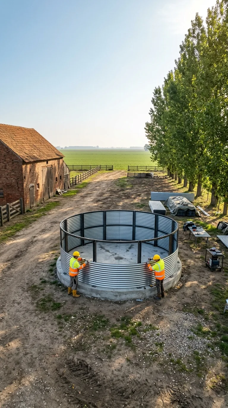 Single static vertical 9:16 image for a construction timelapse, fixed eye-level camera slightly tilted downward framing a wide dirt farmyard in the plain. On the left of the frame a brick barn with tiled roof and wooden door; on the right a row of mature poplar trees. In the center of the area stands the circular cast concrete base, already hardened, with the first three rows of corrugated galvanized steel panels fixed to the internal frame; the upper panels and the conical roof are still absent. Two workers wearing helmets and high-visibility jackets are positioning an additional panel on the side nearest the camera. Natural daytime light, sun high on the right, soft shadows, clear light-blue sky, realistic photographic rendering.