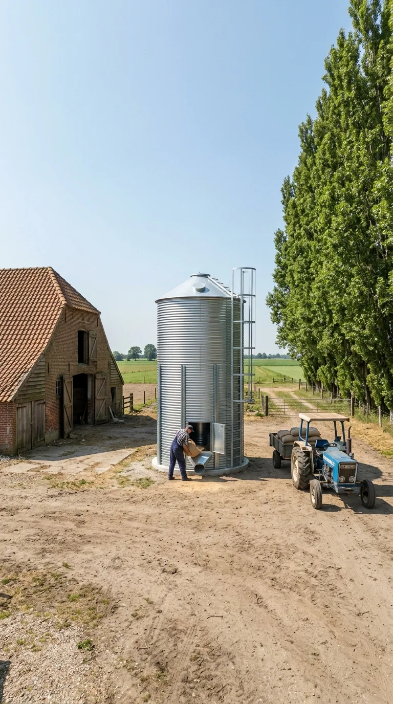 Single static vertical 9:16 image for a construction timelapse, fixed eye-level camera slightly tilted downward framing a wide dirt farmyard in the plain. On the left of the frame a brick barn with tiled roof and wooden door; on the right a row of mature poplar trees. In the center stands the complete cylindrical galvanized steel silo, 5 meters in diameter and 8 meters high, with conical roof of smooth panels, side access ladder and open discharge spout. A farmer in work overalls is unloading a sack of grain into the side spout, with a small tractor stopped nearby. Free space all around. Natural daytime light, sun high on the right, soft shadows, clear light-blue sky, realistic photographic rendering.